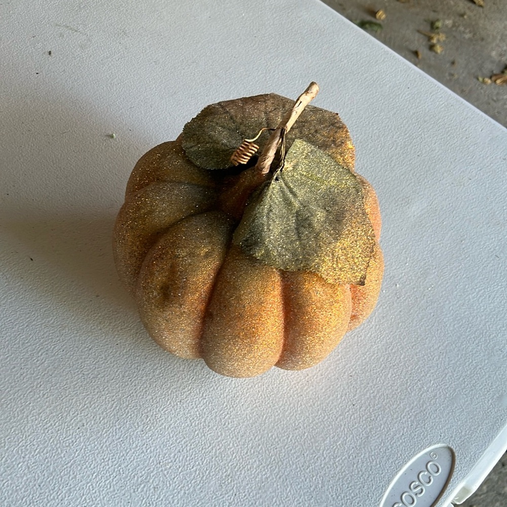 Glittered Orange Decorative Pumpkin with Gold Leaves